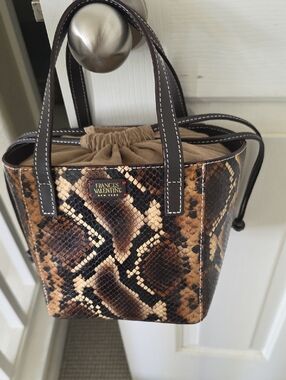 Frances Valentine Brown Snake-Print Mini Tote with Drawstring